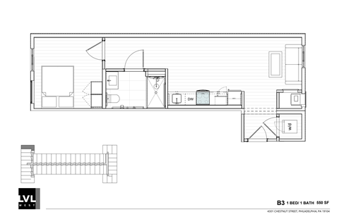 Floor plan for 1 bed, 1 bath, 550 sqft